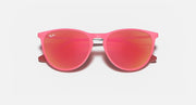 Pink transparent sunglasses with red mirrored lenses and angled side arms