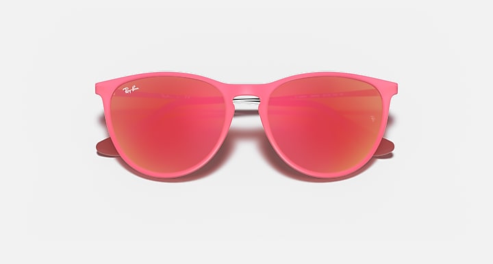 Pink transparent sunglasses with red mirrored lenses and angled side arms