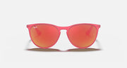 Pink transparent cat-eye sunglasses with red-orange mirrored lenses, front view