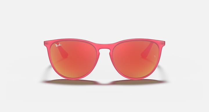 Pink transparent cat-eye sunglasses with red-orange mirrored lenses, front view