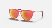 Pink transparent cat-eye sunglasses with orange mirrored lenses and metal temples