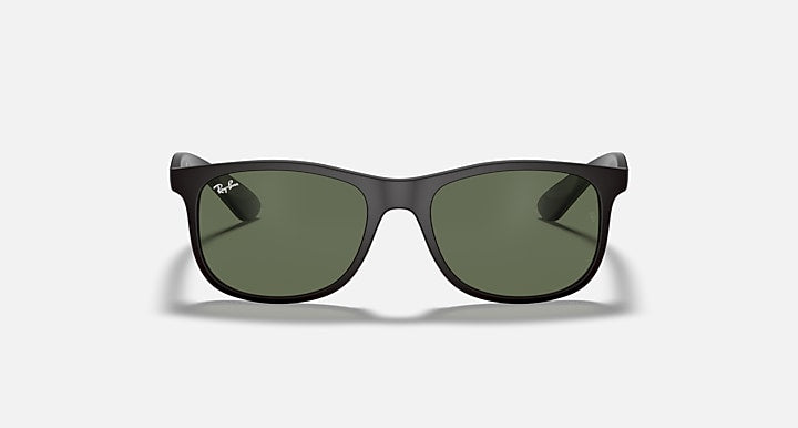 Ray-Ban sunglasses with black square frames and green tinted lenses