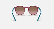 Purple round sunglasses with rose-tinted lenses and teal arms.