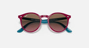 Burgundy round sunglasses with dark gradient lenses and teal temple tips.