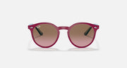 Purple round sunglasses with rose-tinted lenses and matching dark frame.