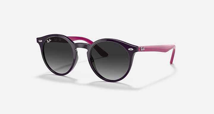 Dark round sunglasses with smoky lenses and magenta temple tips.