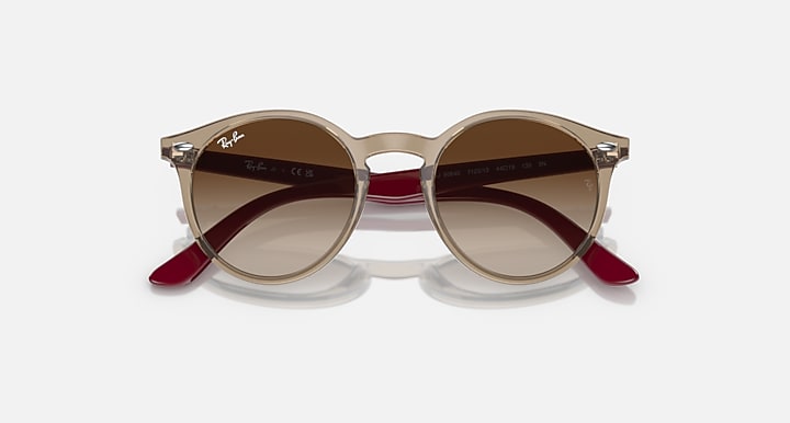 Ray-Ban round sunglasses, angled front view, bronze frame with brown and maroon accents