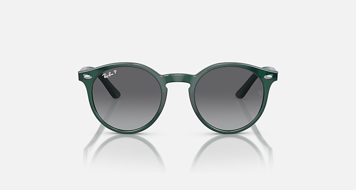 Ray-Ban RJ9064S round sunglasses, straight-on, with dark lenses and green frames