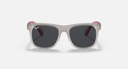 Sunglasses with light gray frames and dark lenses, with burgundy-red top and temples