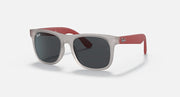 Sunglasses with light gray square frames, dark lenses, and red rubber temples