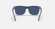 Sunglasses with deep blue frames and dark lenses, featuring metal screws on the arms