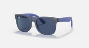 Sunglasses with translucent blue frames, dark lenses, and matching blue rubber temples