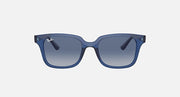 Sunglasses with blue translucent frame and blue gradient lenses, front view