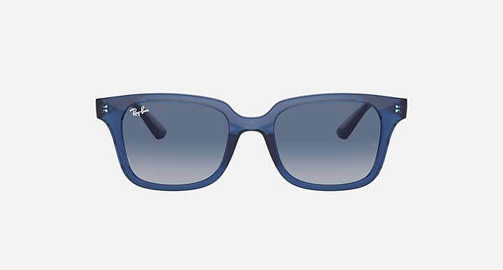 Sunglasses with blue translucent frame and blue gradient lenses, front view