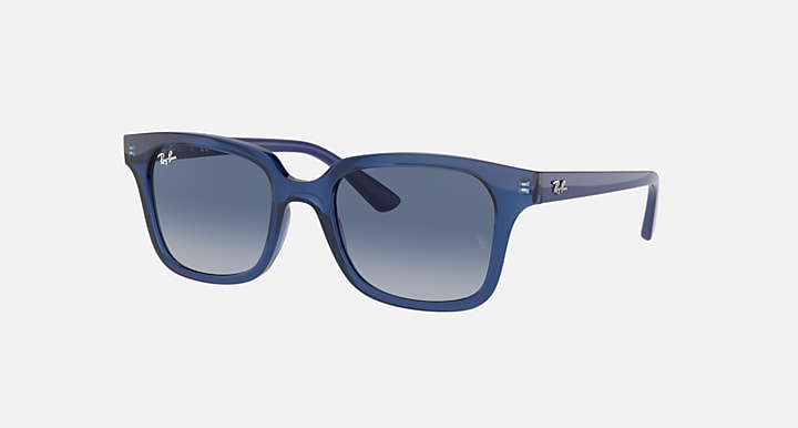 Sunglasses with transparent blue frame and blue gradient lenses, front view