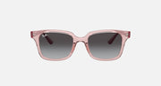 Rose-pink sunglasses with dark gray lenses, square cat-eye front