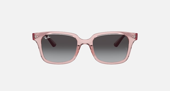 Rose-pink sunglasses with dark gray lenses, square cat-eye front
