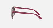 Burgundy sunglasses with dark gray lenses, side temple view