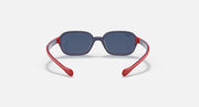 Red kids sunglasses with dark blue lenses and curved wire-like temple arms