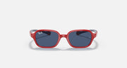 Red kids sunglasses front with dark blue lenses and pinkish rubber temple tips