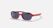 Red kids sunglasses with dark blue lenses and slim angled temple arms