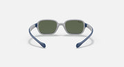 Blue kids sunglasses with gray rims and green-tinted lenses