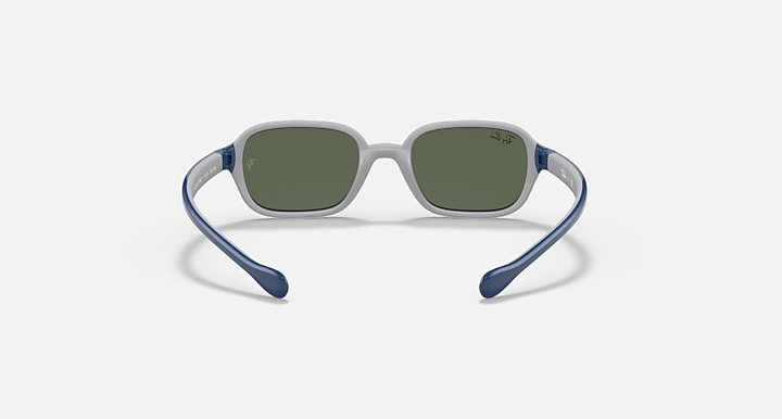 Blue kids sunglasses with gray rims and green-tinted lenses