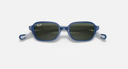 Blue kids sunglasses front view with dark green lenses and curved temple details