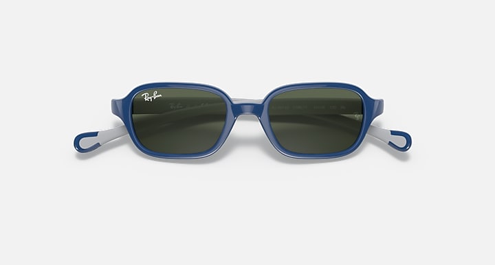 Blue kids sunglasses front view with dark green lenses and curved temple details