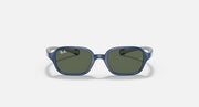 Blue kids sunglasses front with green-tinted lenses and gray center bridge
