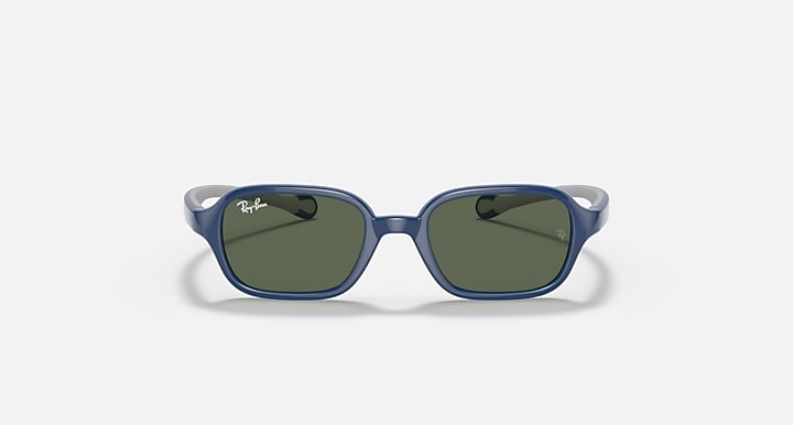 Blue kids sunglasses front with green-tinted lenses and gray center bridge