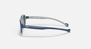 Blue kids sunglasses side profile with green-tinted lenses and white-gray frame