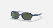 Blue kids sunglasses with green-tinted lenses and light gray temple arms