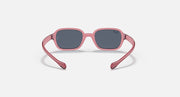 Kids sunglasses, pink frame and dark gray lenses, low front angle