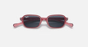 Kids rectangular sunglasses, pink frame with dark gray lenses, wide front