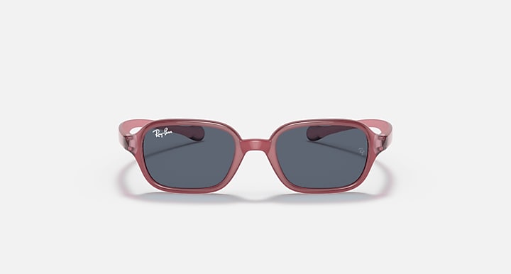 Kids rectangular sunglasses, pink frame with dark gray lenses, front view