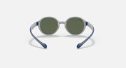 Ray-Ban round sunglasses with light gray frame and dark green lenses.
