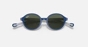 Ray-Ban round sunglasses with dark blue frame and green-tinted lenses.