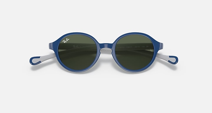Ray-Ban round sunglasses with dark blue frame and green-tinted lenses.
