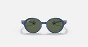 Ray-Ban round sunglasses, blue frame, dark green lenses, front view.