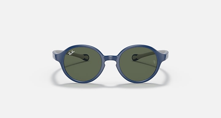 Ray-Ban round sunglasses, blue frame, dark green lenses, front view.