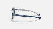 Ray-Ban round sunglasses side view with light gray frame and blue temple tips.