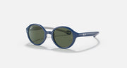 Ray-Ban round sunglasses with blue frame and dark green lenses.