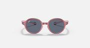 Ray-Ban round sunglasses with rose-pink frame and dark gray lenses.