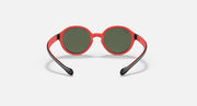 Ray-Ban round sunglasses with green lenses, red frame, and black temple tips
