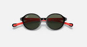Ray-Ban round sunglasses with dark lenses, black frame, and red arms