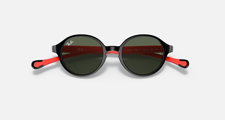 Ray-Ban round sunglasses with dark lenses, black frame, and red arms