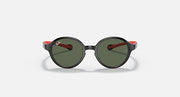 Ray-Ban round sunglasses with green lenses, black frame, and red temple tips