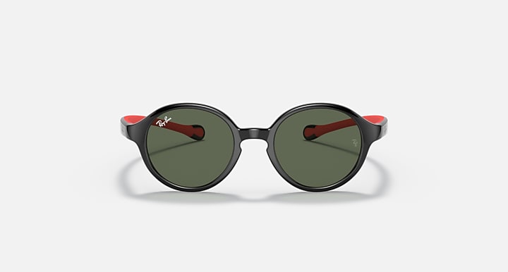 Ray-Ban round sunglasses with green lenses, black frame, and red temple tips