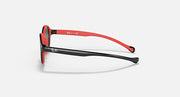 Ray-Ban sunglasses side view with red frame, black temple arms, and dark lenses